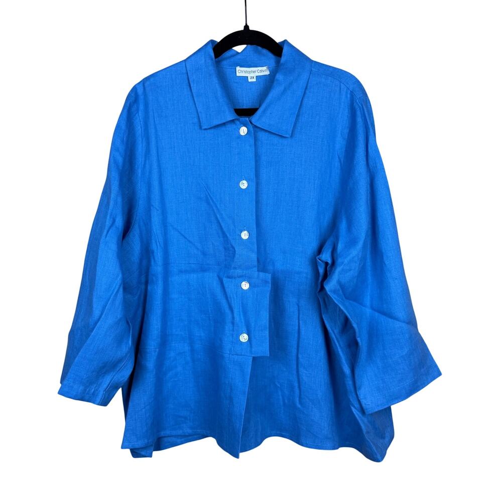 Christopher Calvin Blue Linen Oversized Button Down Top Size 2X USA Made